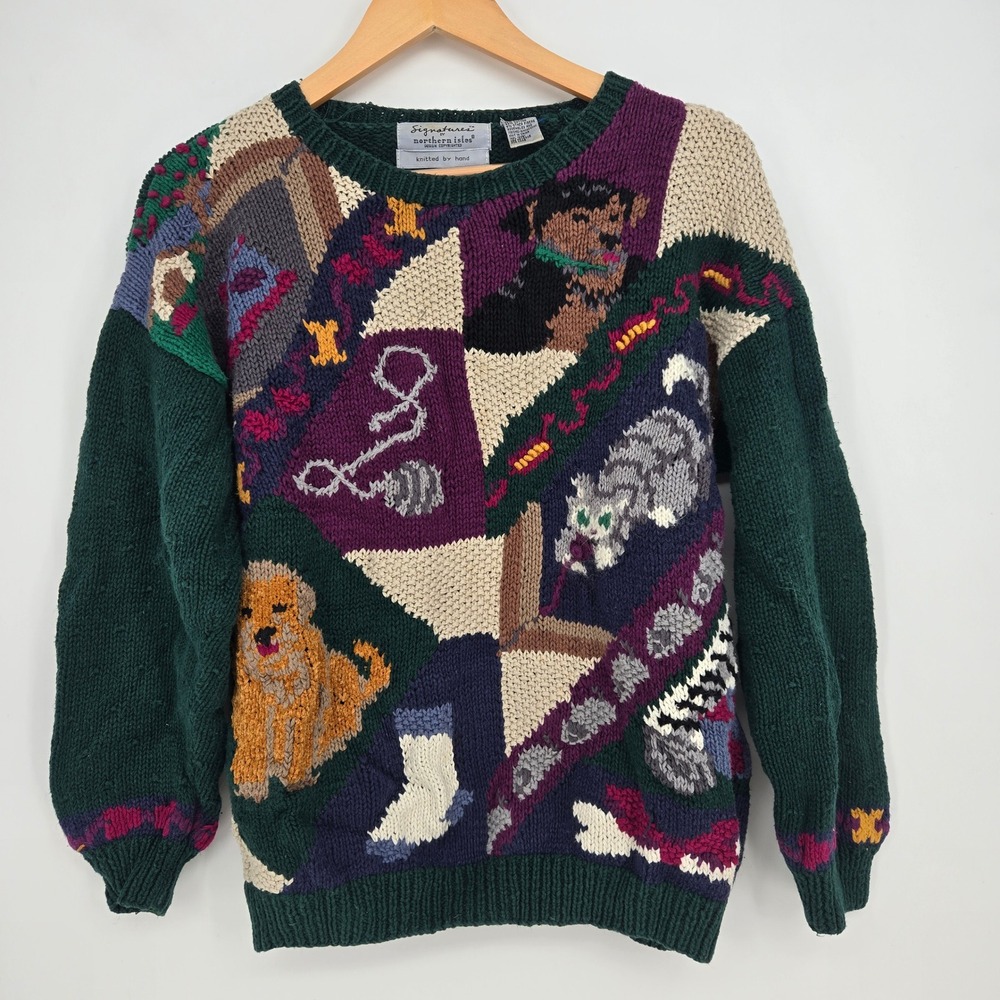 Vtg 90s Hand-Knit Ramie/Cotton Animal Lover Sweater Cat Dogs Pets Womens M